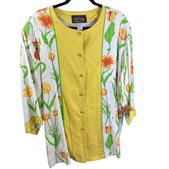 Bob Mackie Jackets & Blazers - Bob Mackie Wearable Art Jacket Womens 2XL Yellow Floral Linen Rayon Button Up